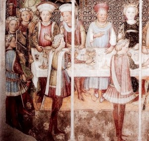 Uomini in giornea e capelli arricciati, "Storie di Teodolinda", Gregorio Zavattaro, Monza, 1444