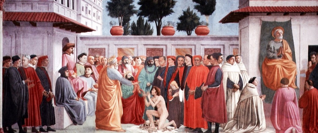 Uomini in tunica talare e lucco o mantello, "La Resurrezione del figlio di Teofilo e san Pietro in cattedra", Masaccio - Lippi, 1425 - 1483, Firenze.