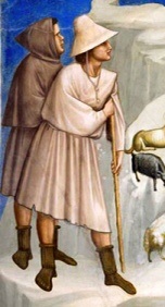 Tunica a maniche strette lunga al ginocchio, calze in lana, cappello di paglia o cappuccio. Giotto, cappella degli Scrovegni, Padova