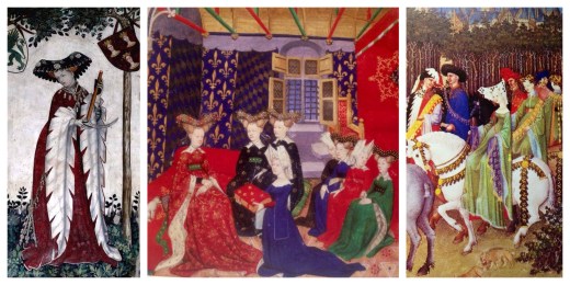 Particolari. Eroina dei Nove prodi e Nove Eroine, Castello della Manta. Illustrazione da Christine de Pizan. Festa equestre alla corte francese del Duca di Berry