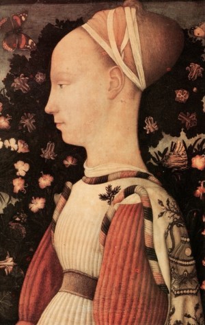 Pisanello. Principessa estense. Decorazioni con perle sulla manica.